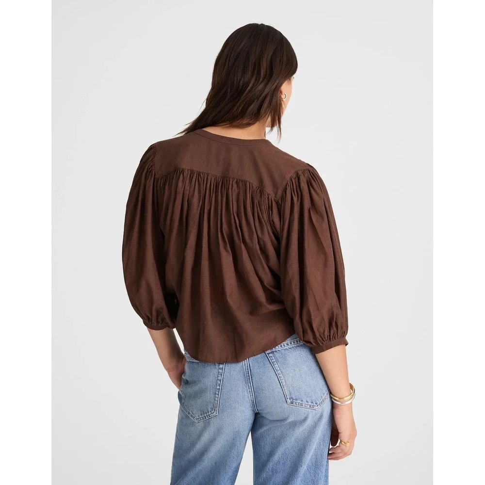 NWT Madewell Balloon Puff Sleeve Top Pleated Button Front Small‎ Brown NU464